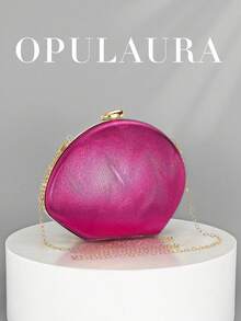 OpulAura 女款極簡貝殼造型奢華 PU 皮革晚宴手拿包，優雅迷人的晚宴包，閃亮派對手拿包，正式派對包，浪漫婚禮附鏈條手拿包 - 玫紅色 - 查看 2