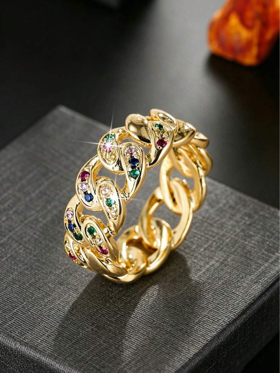 1pc Colorful Gemstone Chain Ring, Premium Luxury Design Index Finger Ring, Style Ring Accessory - Ring - View 1