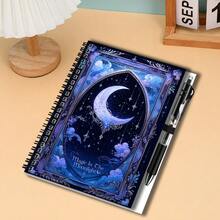 1 Set Dreamy Starry Sky Style 2D Cover Spiral Coil Notebook Set With Pen, 100 Pages 50 Sheets, Exquisite Pattern "Magic In The Moonlight". Suitable For Back To School, Work And Study Scenes, Great For Journaling, Daily Planning Or As A Memo, Also A Thoughtful Gift Choice For Graduation And Birthdays. - M - View 5