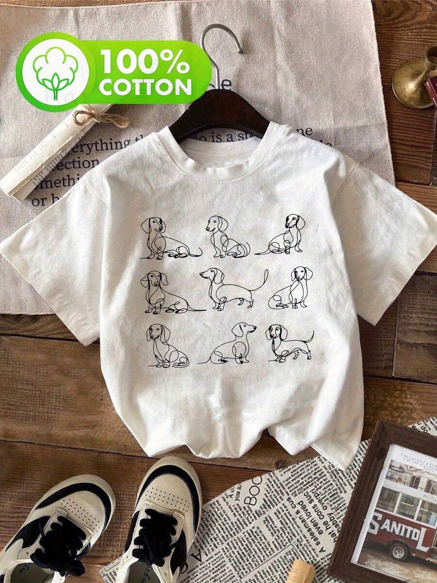 Women's Short-Sleeved T-Shirt,  Cotton, With A Dog Print Design. - White - View 1