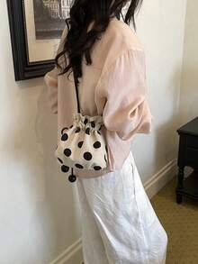 Polka Dot Drawstring Small Bag With Bead Decoration, Vintage Style Casual Versatile Crossbody Small Bag - Black - View 5