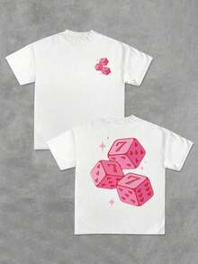 2026 Rosa T-Shirt mit beidseitigem Digitaldruck, Würfel- und Herzmuster, 220g, lässiger Stil, 1 Stück, für Herren, kurze Ärmel, 100% Baumwolle, Glücksspielmotiv, Lucky Seven, locker geschnitten. - Schwarz - Übersicht 8