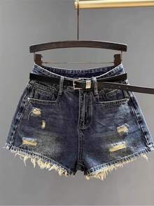Summer Vintage High Waisted Distressed Denim Shorts Women Retro Y2K Spicy Girl Slimming A-Line Raw Hem Hot Pants Casual Beach Party Streetwear - 深藍色 - 查看 4