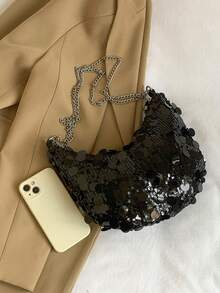Fashion Solid Color Sequin Crescent Shoulder Bag, Metal Chain Strap, Suitable For Women Shopping, Dating, Gifts And Daily Use - Black - View 2