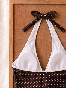 New Summer Fresh Sweet Cute Style Brown And White Polka Dot Color Block Halter Neck Bikini Set With Shorts For Beach Vacation And Casual Wear - Multicolor - View 6