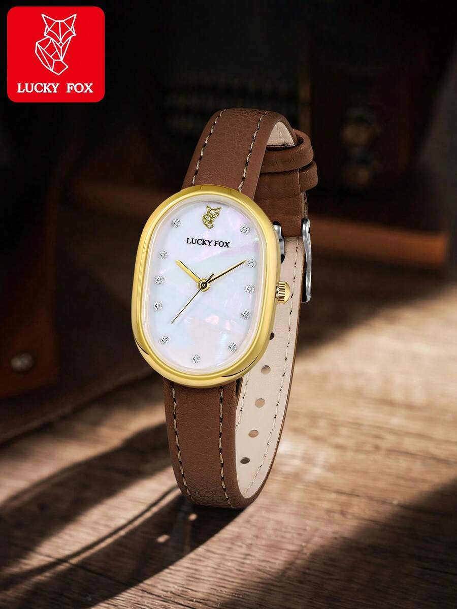 Reloj de pulsera ovalado de nácar blanco para niñas LUCKYFOX, regalo de caja para estudiantes, uso diario y vacaciones - Marrón - Ver 1