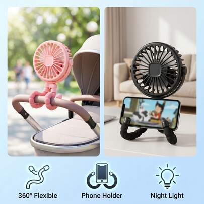1pc Flexible Octopus Stroller Fan, USB Rechargeable Handheld Mini Fan With Phone Holder & Night Light, 360° Rotatable Quiet Tripod Fan For Car Seat/Crib/Travel/Office, Summer Gift, 500mAh Battery, Long-Lasting