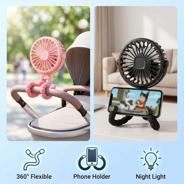 1pc Ventilador Flexível de Carrinho de Bebé Polvo, Mini Ventilador Portátil Recarregável USB com Suporte para Telemóvel & Luz Noturna, Ventilador Tripé Silencioso Rotativo 360° para Assento de Carro/Berço/Viagem/Escritório, Presente de Verão, Bateria de 500mAh, Longa Duração