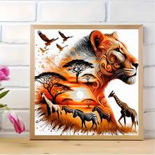 無框圓形鑽石畫套裝,獅子與其他動物剪影,5D圓形鑽石畫全人工水鑽馬賽克繪畫套裝,初學者手工DIY鑽石畫寶石家居牆面裝飾禮物 - 查看 3