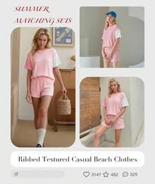 MARZXIN Women 2 Piece Shorts Set 2026 Casual Summer Cruise Outfits Ribbed Loose Short Sleeve Pocket Matching Lounge Sets - Patchwork Pink - View 5