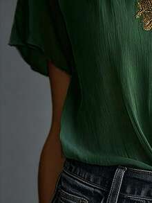 2026 New Deep Green Embroidered V-Neck Shirt, Elegant Embroidered Blouse, Boho Chic Embroidered Top, Versatile Basic Shirt Suitable For All Seasons, Plus Size Friendly Summer - Dark Green - View 9