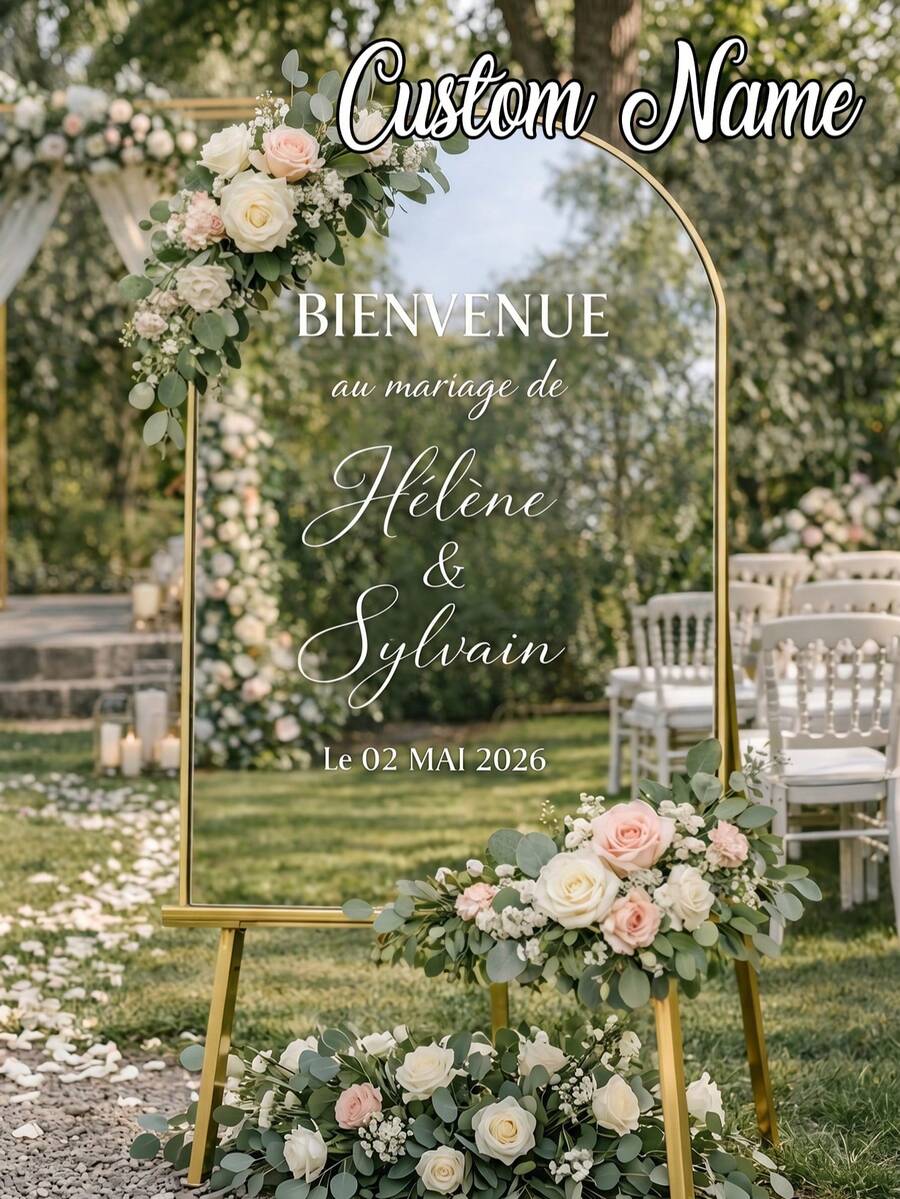 1 pieza - Pegatina de espejo personalizada para boda, nombres de la pareja de boda personalizables, fecha, pegatina de señal de bienvenida para la entrada de nuestra boda, adecuada para diversas superficies de materiales como espejos, acrílico, automóviles, etc., fácil de quitar. Pegatina direccional para invitados de boda, pegatina de espejo personalizada para cumpleaños, pegatina de señal de bienvenida para fiesta de cumpleaños, pegatina de espejo de piso - Multicolor - Ver 1