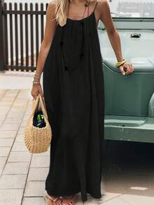 Women's 2026 Strappy Dress, Backless, Loose Fit, For Home Use. - Black - View 2
