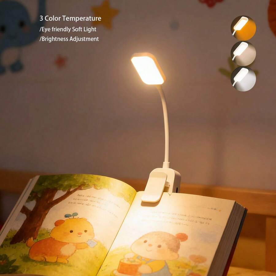 1個可攜式充電式LED閱讀檯燈迷你夾式書燈 白色護眼夜燈 適合睡前閱讀 - 3色溫可調、無段亮度控制、小巧輕便夾式書燈適用於學生宿舍、充電式護理燈、床邊可調光暖色夜燈、送給朋友和同學的禮物