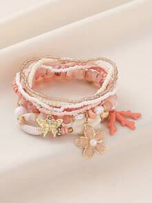 6pcs Bohemian Summer Vacation Style Creative Mix & Match Fashion Personalized Handmade Beaded Bracelet Set With Coral, Butterfly, Plumeria Charms, Layered, Multi-Strand, Elastic, Beaded, Suitable For Women, Bar, Party, Music Festival, Large Gathering, Perfect Gift For Friends And Family, All Seasons, Casual, Commute, Travel, Daily Wear - Flowers/Butterflies - View 6