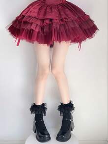 1 Pair Girls Spring/Summer Thin Lace Trim Bow Mid-Calf Socks, Lolita Y2K Versatile Daily Socks - Multicolor - View 7