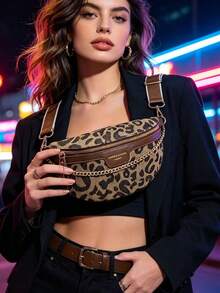 Leopard Print Waist Bag With Chain Decoration, Adjustable Wide Strap Crossbody Waist Bag For Women, Casual Chest Bag For Daily And Travel - Brown - View 7