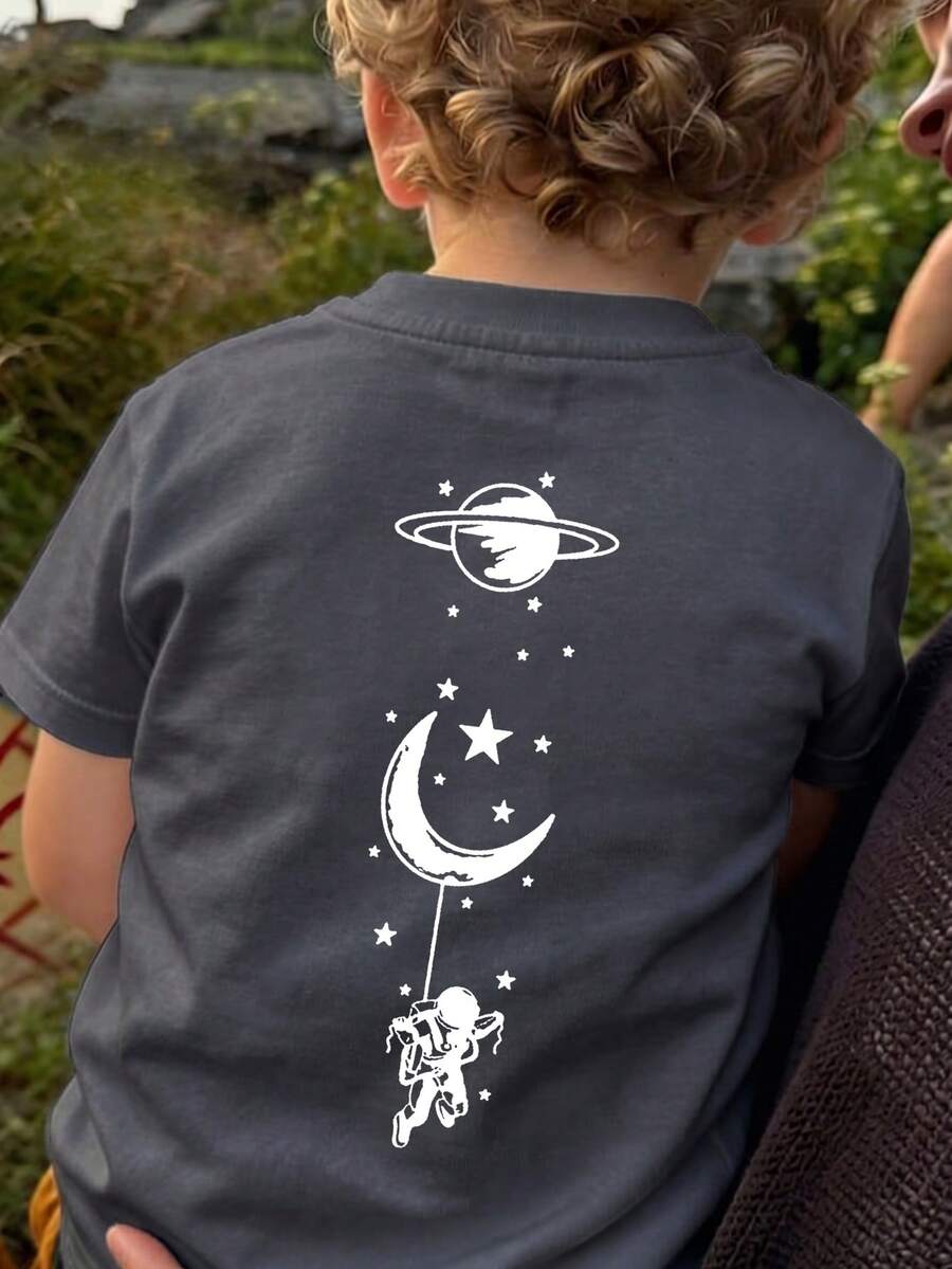 1pc Casual Printed Crew Neck Short Sleeve T-Shirt, Suitable For Boys And Children, Ideal Choice For Summer Students And Toddlers - Starry Universe Wonderful Space, The Ultimate Short Sleeve T-Shirt Series For Every Young Leader! Children's Graphic Tee For Boys - Dark Grey - View 1