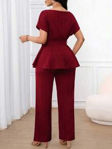 Lady Conjunto de dos piezas para mujer en color verde sólido, top de manga corta con cintura holgada y bajo en A, y pantalones rectos holgados, - verde menta - Ver 10