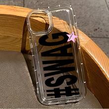 Y2K "#SWAG" 白色圓點極簡印花黑色亮面手機殼，適用於 iPhone 11 13 Pro Max 15 17 17 Pro Max 及 Galaxy S24 Ultra S26 Ultra，標語設計，適合千禧世代、生日及日常使用 - 彩色 - 查看 3