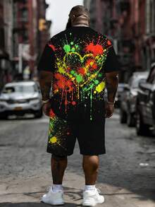 Plus Size Men's 2-Piece Outfit, Men's Street Casual Minimalist Series "Colorful Splatter Lion Head" Pattern Sports Set - Polyester Knit Fabric, Round Neck Design, Drawstring Shorts, Pocket Detail, Regular Fit, Suitable For Plus Size Body - Black - View 3