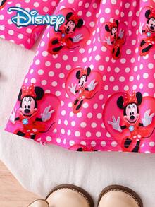 Disney Mickey Mouse Autumn/Winter Long Sleeve Dress, Featuring Cute Minnie Mouse Cartoon Print, Slight Stretch, Suitable For Girls' Daily Wear, Perfect As A Holiday Gift - Hot Pink - View 5