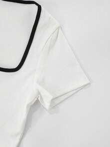 Set de 2 piezas: Top corto de cuello redondo negro casual y pantalones acampanados, con ribete de contraste, conjunto de verano para mujer - Blanco - Ver 11