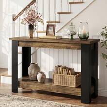 FINMIND 41" Industrial Console Table , 2-Tier Narrow Sofa Table Behind Couch With Black Frame, Modern Farmhouse Entryway Table For Hallway Living Room - Brown and Black - View 2