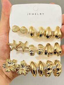 6/18pcs New Stylish Lightweight Multi-Element Earrings, Suitable For Daily Wear All Year Round, Thick Marine Series Earrings, Low Allergy For Women. Includes Starfish, Small Seashell, Five-Petal Flower, Small C-Shape, Medium C-Shape, Water Drop, Twisted C-Shape - Gold - View 9