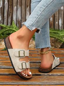 Summer New Casual Women's Flat Sandals, Metal Buckle Decor Suede Insole With Arch Support Mule Shoes, Simple Comfortable Casual Flat Beach Shoes, Suitable For Daily Outings Women's Beige Sandals, Cute Versatile Women's Summer Sandals - White - View 4