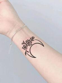 1 Pc Y2K Minimal Henna-Style Crescent Moon & Floral Simple Temporary Tattoo, Waterproof Fake Tattoo, Mystical Body Art For Wrist & Forearm - Black - View 4
