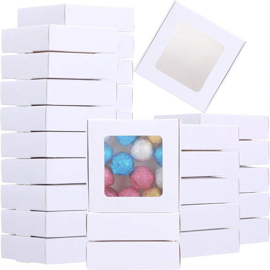 10/30 piezas Cajas de regalo mini blancas y marrones con ventana transparente, pequeñas cajas de papel para joyas, dulces, galletas & recuerdos de fiesta - Blanco - Ver 1