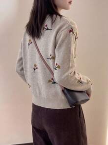 Women's Casual Gentle Floral Pattern Round Neck Knitted Cardigan Sweater, Autumn/Winter Fall - Apricot - View 2