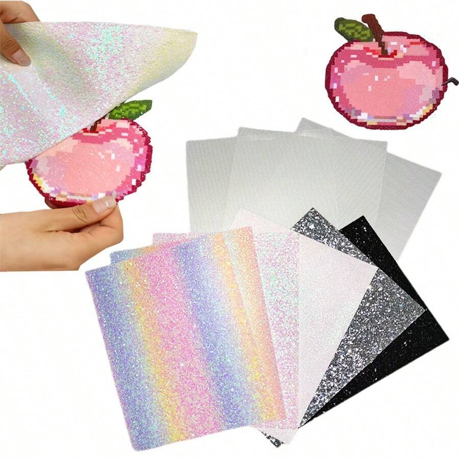 [9pcs Set]6pcs Rainbow Glitter Fabric Iron-On Beads + 3pcs Baking Cloth, Easy To Iron No-Hole Craft, Melted Bead Craft Accessories Tools (15*20cm)