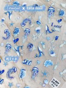 1pc Blue Embossed Jellyfish Ocean Nail Art Stickers, Self-Adhesive Marine Creature Whale Nail Decals, DIY Nail Art Supplies, Nail Appliques - Baby Blue - View 3