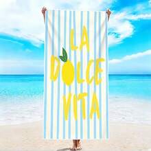 1pc Blue Striped Lemon Print Oversized Microfiber Beach Towel, Unisex, Pool Camping Travel Accessory - Multicolor - View 11