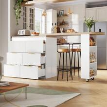Bar Table/High Table With 6 Drawers, Kitchen Sideboard/Display Cabinet With Anti-Tip Device, 360° Swivel Multifunctional Table That Can Be Used As A Dining Table, Bar Or Desk For The Living Room, Kitchen Or Restaurant. - 白色 - 查看 12
