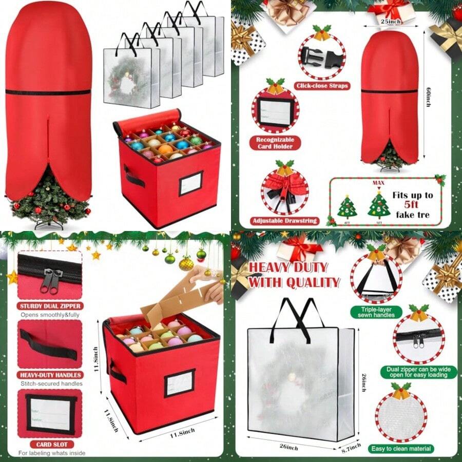 6 Pcs Upright Christmas Tree Storage Bag Set Christmas Tree Storage Bag 26" Xmas Wreath Containers 11.8" Ornament Bags With Dividers Hold 64 Balls For Artificial Trees Garland - Red - View 1