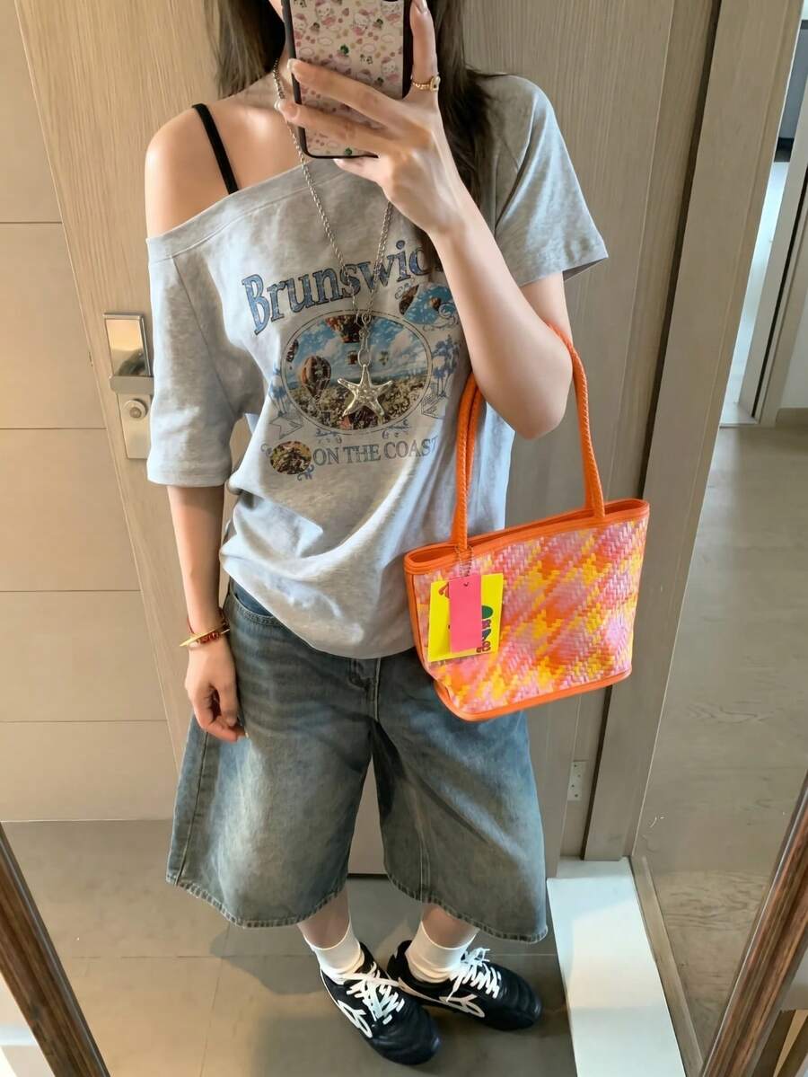 美式復古女款寬鬆落肩不對稱短袖T恤,做舊熱氣球印花,休閒夏季上衣 - 深花灰 - 查看 1
