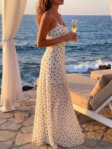 Women's Summer Polka Dot Spaghetti Strap Dress Elegant Sleeveless Ruffle Hem Beach Vacation Dress White - White - View 3