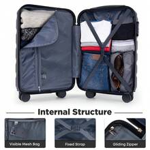 YONSLY 20 Inch Suitcase With Silent 360° Wheels Combination Lock Soft Rubber Handle Mesh Pocket Hard Shell Travel Suitcase For Vacation Daily Travel - 黑色 - 查看 6
