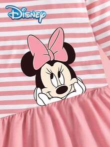 【官方授權】Disney Minnie Mouse 嬰兒女童春夏秋冬休閒洋裝，可愛卡通「Minnie Mouse」粉色與白色條紋印花時尚不對稱設計長袖洋裝，女嬰日常戶外玩耍服，優雅青春活力俏皮女童套裝，理想禮物 - 粉色 - 查看 4