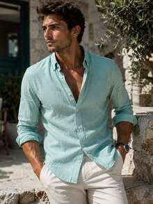 100% Cotton Linen, Breathable, Lightweight, Button-Down Collar, Men's Linen Shirt - Mint Blue - View 1