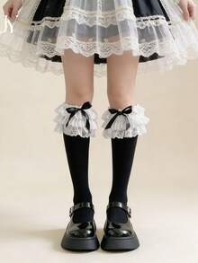 1 Pair Women's Multi-Layer Lace Ruffle Bow Leg Warmers JK Slouch Socks - Black - View 5