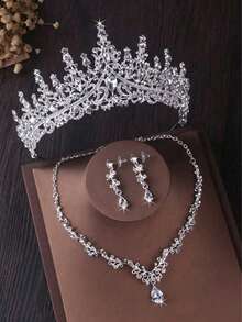 1 Set Women's Silver Fashion Wedding Jewelry (Bridal Accessories), Including Classic Rhinestone Crown, Necklace And Earrings, Total 4 Pieces, Suitable For Wedding - Silver - View 2