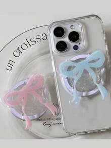 1pc Cute Girly Glitter Bow Magnetic Push-Pull Phone Stand, Strong Magnetic Adsorption Desktop Stand, Gift For Girls, Girlfriend, Phone Accessory - Multicolor - View 1