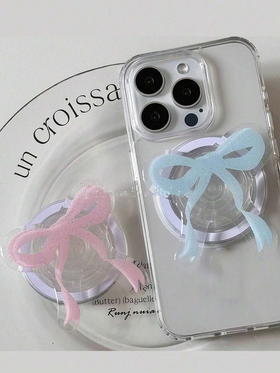 1pc Cute Girly Glitter Bow Magnetic Push-Pull Phone Stand, Strong Magnetic Adsorption Desktop Stand, Gift For Girls, Girlfriend, Phone Accessory - Multicolor - View 1