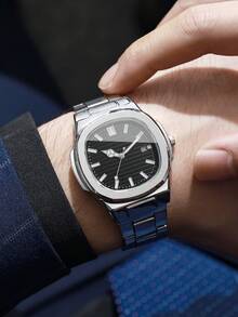 Men's Classic Fashion Square Striped Scale Calendar Dial Business Versatile Quartz Wristwatch, Gift For Boyfriend (1pc/Set) Watch Box Not Included - Silver - View 4