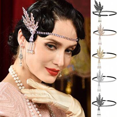 1Pc D EXCEED Great Gatsby Flapper Rhinestone Pearl Tassel Headband, 1920s Art Deco Costume Headpiece For Party, Wedding & Cosplay,Halloween