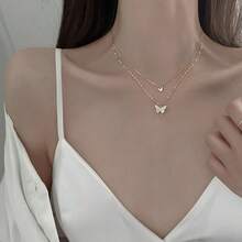 1PC Gold/Silver Color Optional Double Layer Fine Chain Butterfly Collarbone Necklace, Water-Resistant Non-Fading Neck Chain, Suitable For Tropical Vacation, Island Travel, Soft Style Outfits, Date Looks, Christmas Eve / Friendship Gift / Birthday Gift, Unisex Versatile Jewelry - Multicolor - View 2